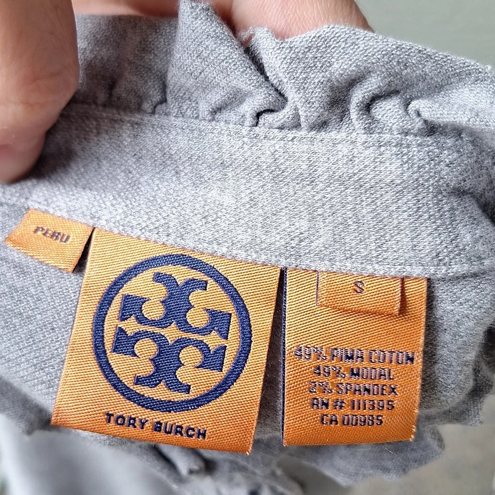 Tory Burch Lidia Ruffle Polo Tee GRAY Size Small - Picture 7 of 11